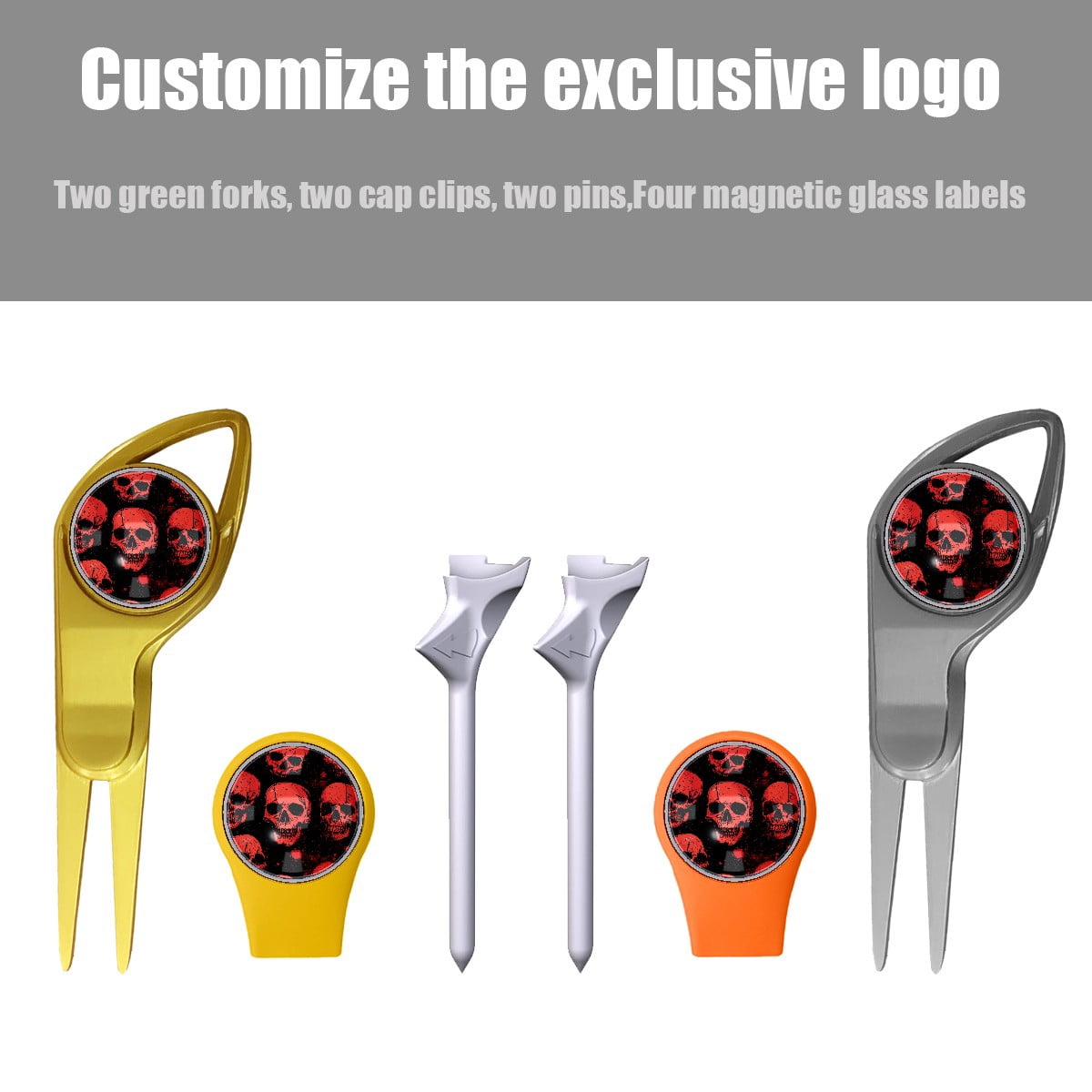 Golf Gift Box for Men Portable Golf Accessories Set with Golf Ball Tees Green Fork Hat Clips Customizable Magnetic Labels Red Skull Pattern