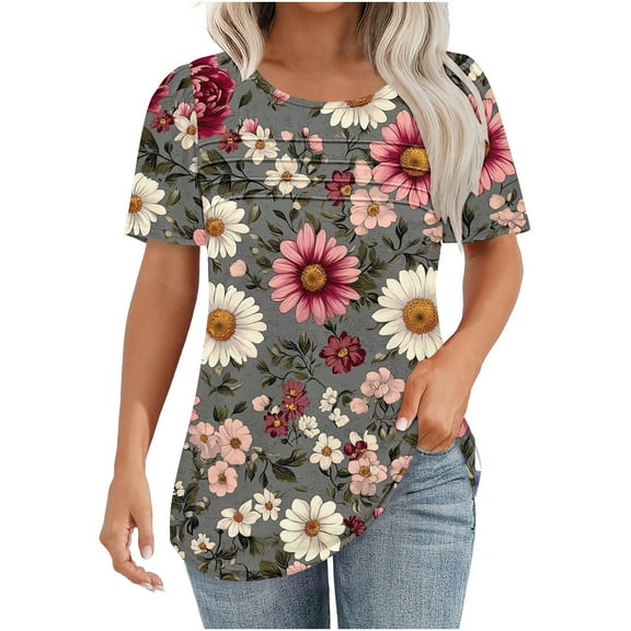 Lumivie Plus Size Tops For Women 4X-5X Boho Western Tshirts Shirts For Women Pink Short Sleeve Peasant Blouses For Women Polyester V Neck T Shirts For Women Fitted Pack