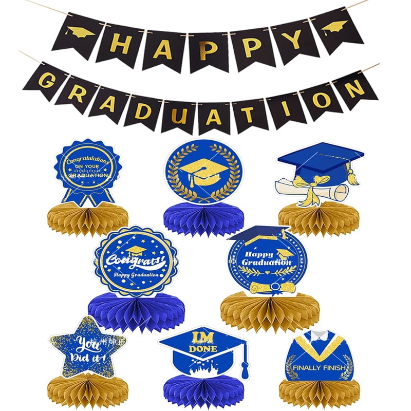 Congrats Grad Banner Blue Graduation Decorations Class of 2024 Graduation Decorations Blue and Sliver Congrats Grad Graduation Plates and Napkins