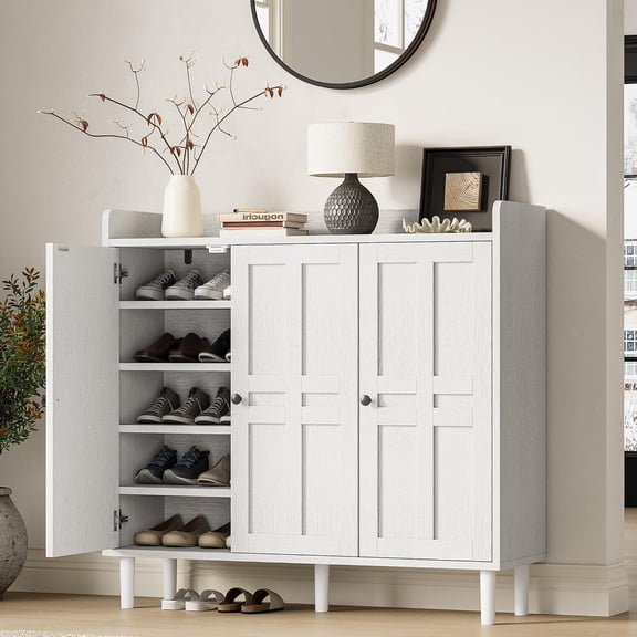 Mteryoing 3-Door Shoe Cabinet with Adjustable Shelves, Freestanding Farmhouse Shoe Organizer Holds 25-30 Pairs for Entryway Hallway, Black/White/Gray/Walnut