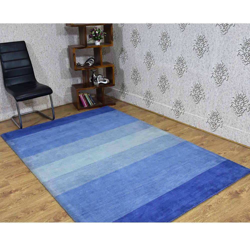 Rugsotic Carpets Hand Tufted, Striped Wool Floor Area Rug For Living Room Bedroom, Blue, 7'9