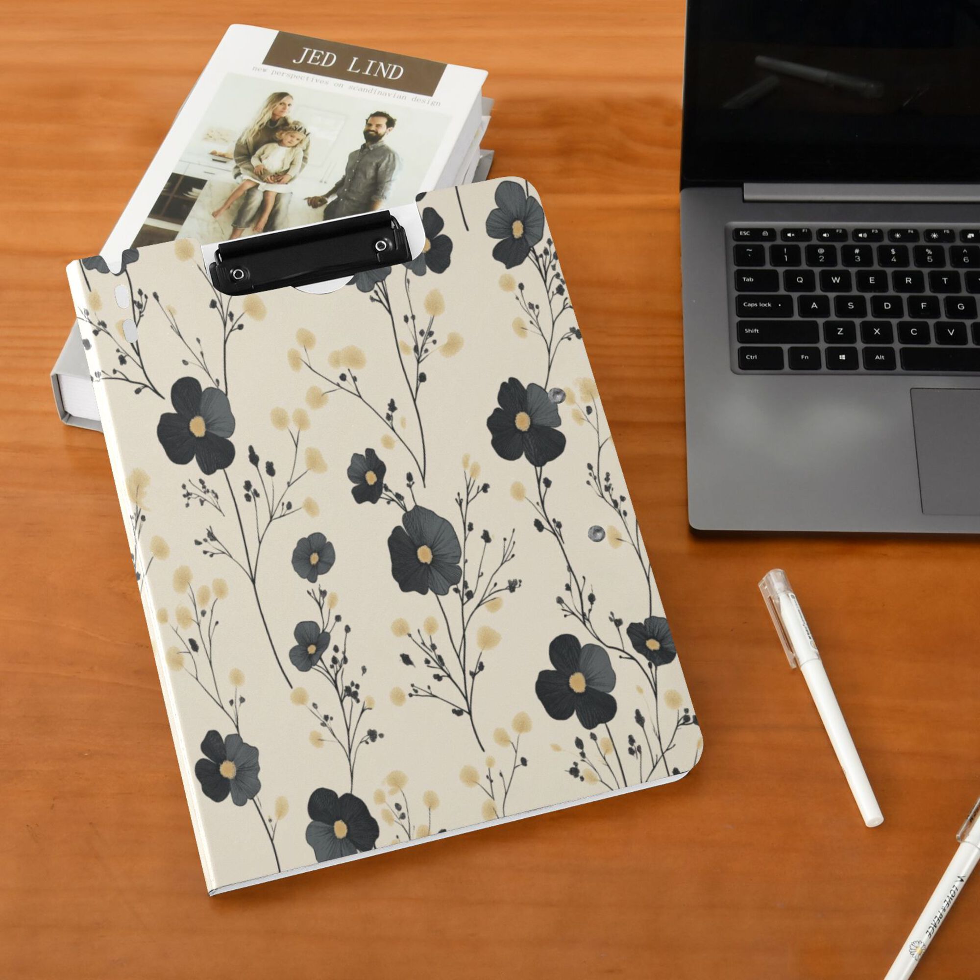FORMRS A4 Clipboard Folder with Pen Holder Horizontal Foldable School Office Binder, Small Black Flowers