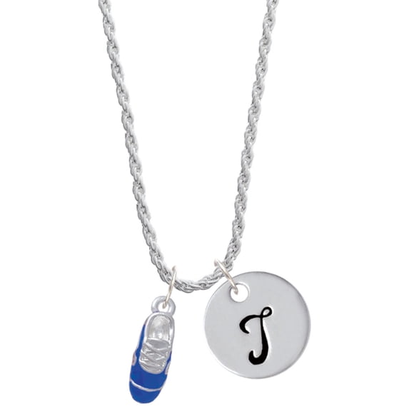 Delight Jewelry Silvertone 3-D Blue Running Shoe Silvertone Script Initial Disc - T - Charm Necklace, 20"+3"