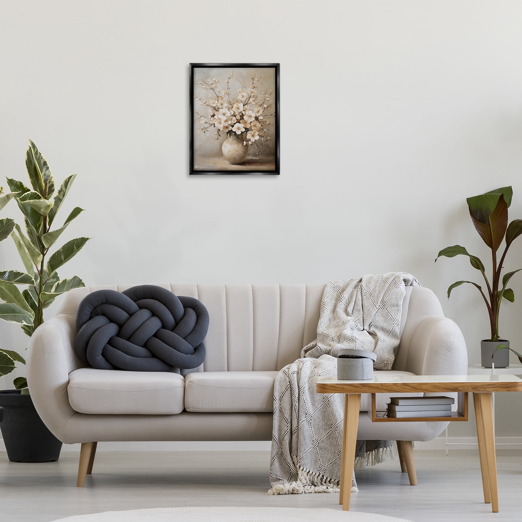 Stupell Industries Cherry Blossoms in Pottery Plants & Flowers Painting Black Floater Framed Canvas Art Print Wall Art, 17 x 21