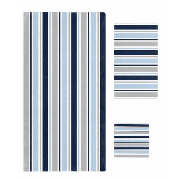Navy Blue Gray Striped Towel Set of 3, Soft Microfiber Bath Towels, Hand Towel, Washcloths, Farmhouse Stripes Modern Abstract Art Quick-Dry Absorbent Towels for Bathroom Kitchen Hotel Beach Gym Spa
