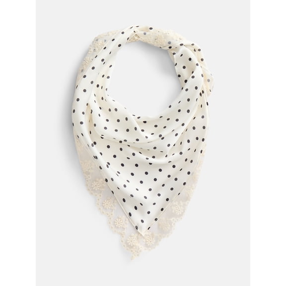 No Boundaries Women's Triangle Scarf with Lace Trim, Cream Dot