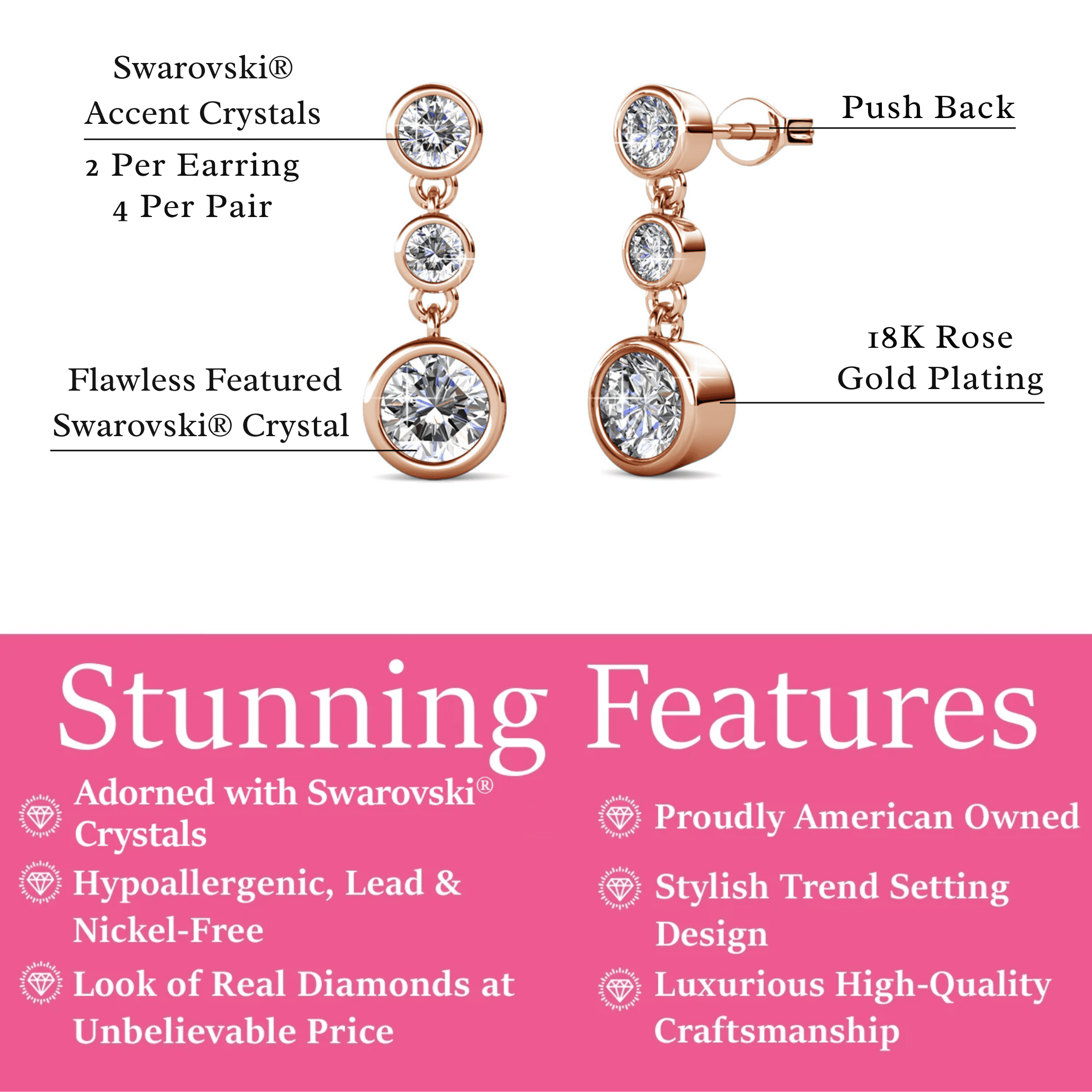 Cate & Chloe Bailey 18k Rose Gold Plated Dangle Earrings with Swarovski Crystals, Gift for Women