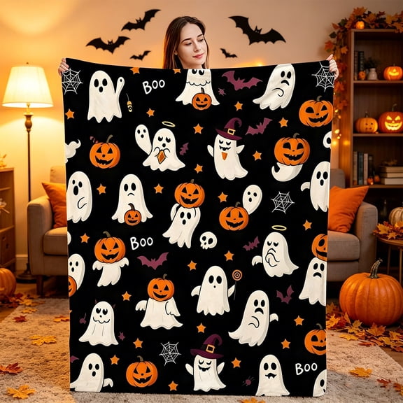 Halloween Throw Blanket 60x80in Fleece Couch Cover, Cozy Flannel Plush Blanket with Spooky Ghost Pumpkin Print for Bed Living Room, Halloween Decorations Gift by OVFUIZ