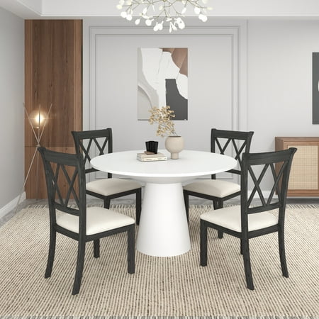 Roundhill Furniture Delta 5-Piece Round Dining Set Pedestal Dining Table with 4 Cross-back Chairs White