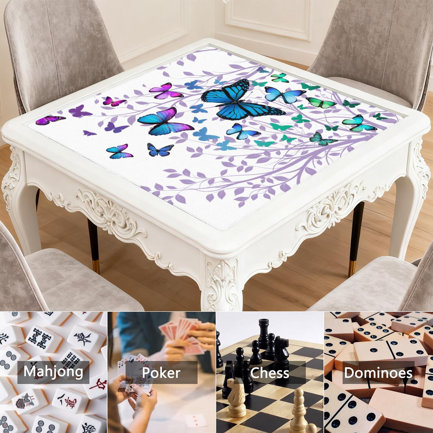 Elegant Mahjong Mat for Table, 31.5*31.5in Anti Slip American Mahjong Table Cloth, Noise Reduction, Neoprene Mah jongg Mat with Carrying Bag & 3 Dices, Mahjong Set Gift for Board Tile Games Mats