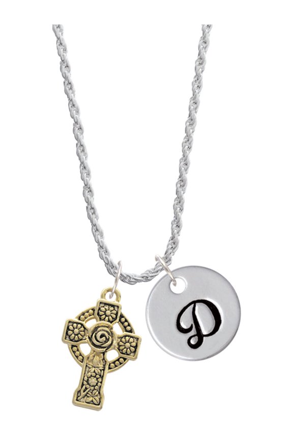 Goldtone Large Celtic Cross Silvertone Script Initial Disc - D - Charm Necklace, 20"+3"