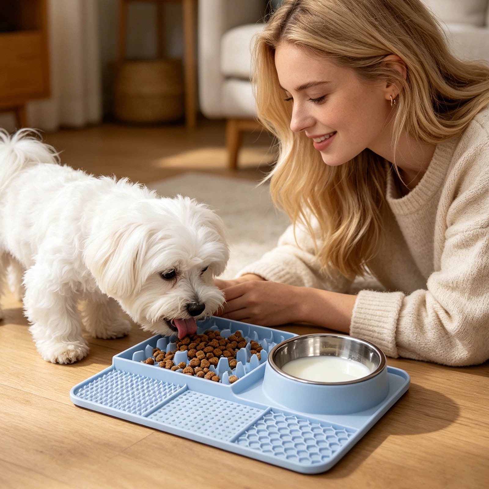 Licking Pad 5âInâ1 Silicone Slow Feeding Mat Suction Cup Antiâ Feeder Detachable Stainless Steel Bowl StressâRelief Set For Cats Dogs Puppies Daily Use 13.0 x 9.8 in Sky Blue