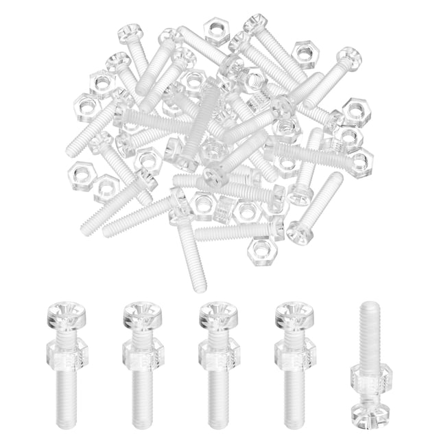 Uxcell Kit de Tornillos y Tuercas Hexagonales Transparentes de 30 Piezas, Tornillos de Cabeza Redonda de Acrílico Plástico M4x20mm