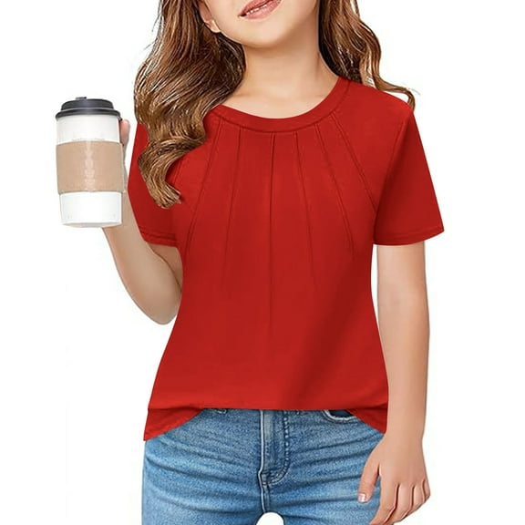 Up To $10Toddler Girl Outfits Sale Girls Pleated T-Shirts Kids Summer Short Sleeve Fashion Tees 3-14 Years Red 7 Years