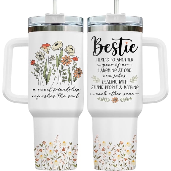 40oz Bestie Tumbler with Handle and Straw, Vacuum Insulated Friend Coffee Mug with Quote, Anniversary, Birthday Gifts for Best Friend, Coworkers, Sisters, Women