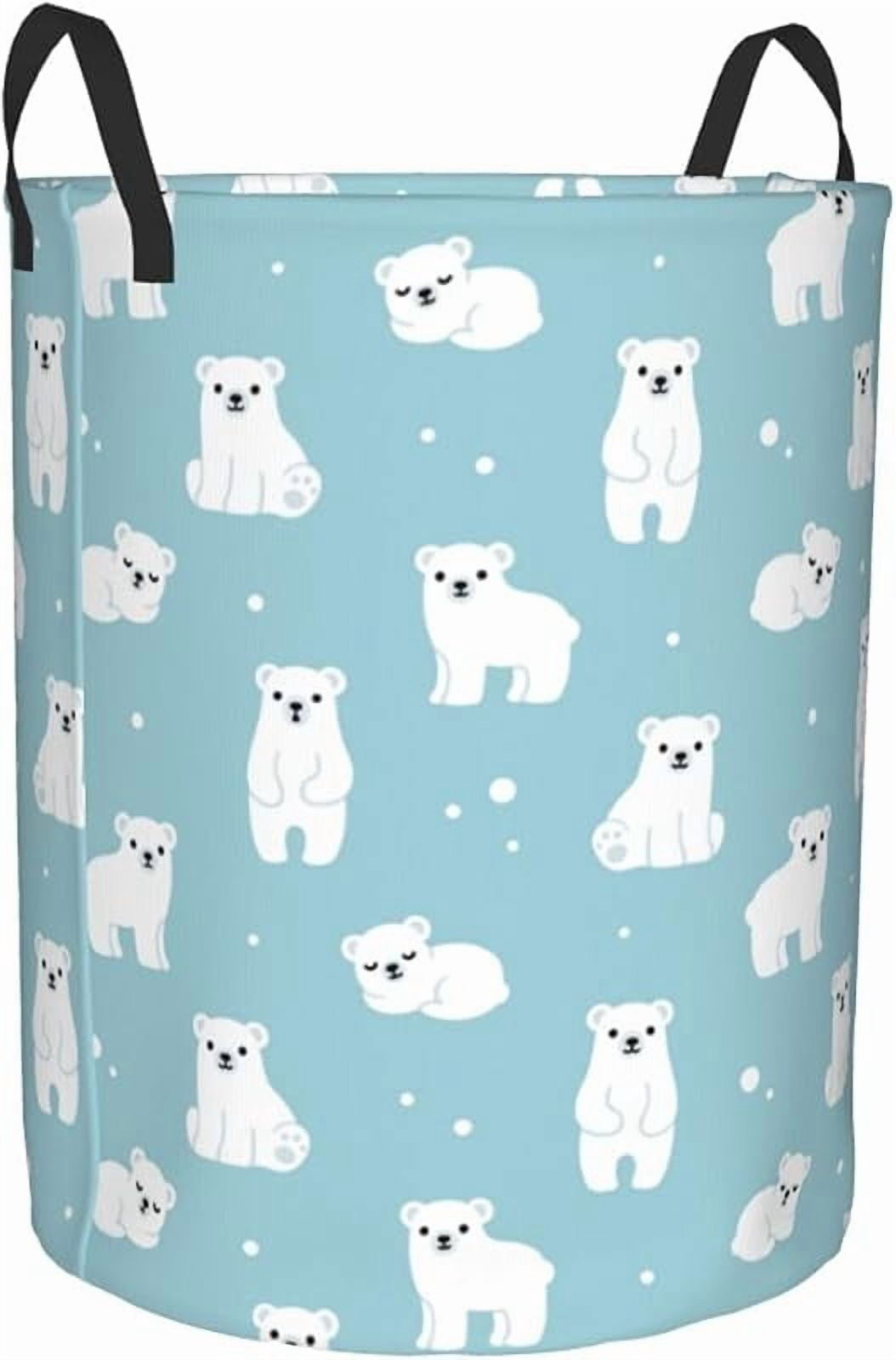 Cute Cartoon Polar Bears Round Laundry Hamper Storage Basket Toys Clothes Organizer Bin For Home Bathroom Bedroom Dorm Nursery