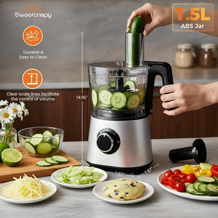 Food Processor - 1.5L Glass Jar, 2 Speeds, Safety Lock, Dishwasher Safe