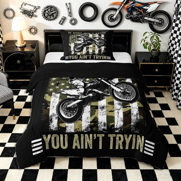 Meiyoeat Vintage Dirt Bike Pattern Twin Comforter Sets 2pcs for Men, American Flag Print Bedding Set, Camo Black Beige,Black Reversible