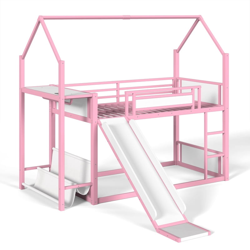 Twin Over Twin Metal Bunk Bed with Slide, LED Hanging Area, Fabric Storage Shelf, Power Outlet, House-Shaped Playhouse Frame, Safety Guardrails, Ladder, Low Profile Kids Bunk Bed