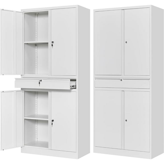 Letaya Metal Garage Storage Cabinet with Drawer,4 Door Tool Cabinet with Lock-2 Adjustable Shelves for Garage Home Office Utility Room (White)