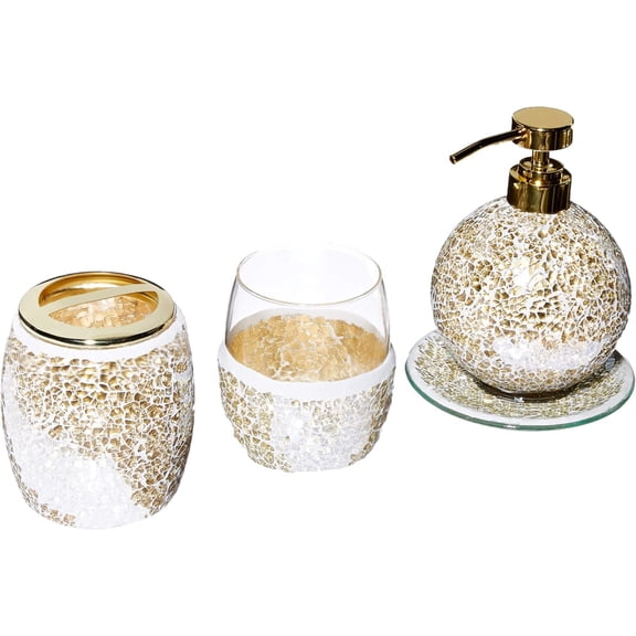 Mosaic Bathroom Accessories Set , 4 Piece Bath Accessory Sets With Gold Soap Dispenser , Toothbrush Holder , Tumbler And Ring Tray