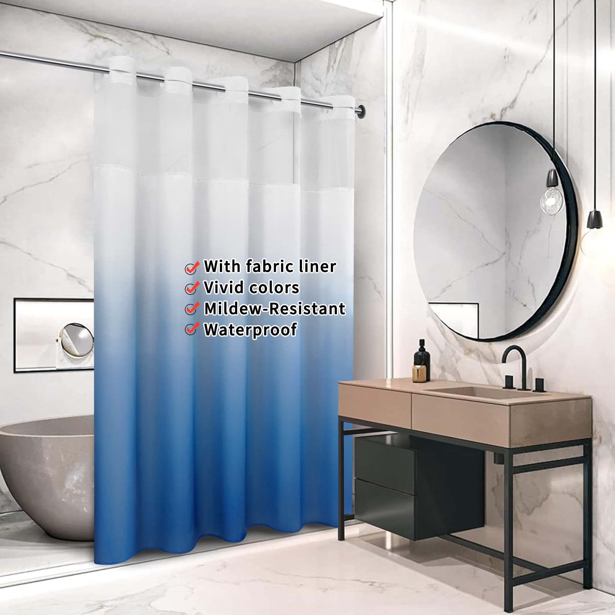 Ikfashoni Blue Ombre Hookless Shower Curtain with Snap in Liner, Waterproof Fabric Mesh Window Bath Curtain, 71"X74"