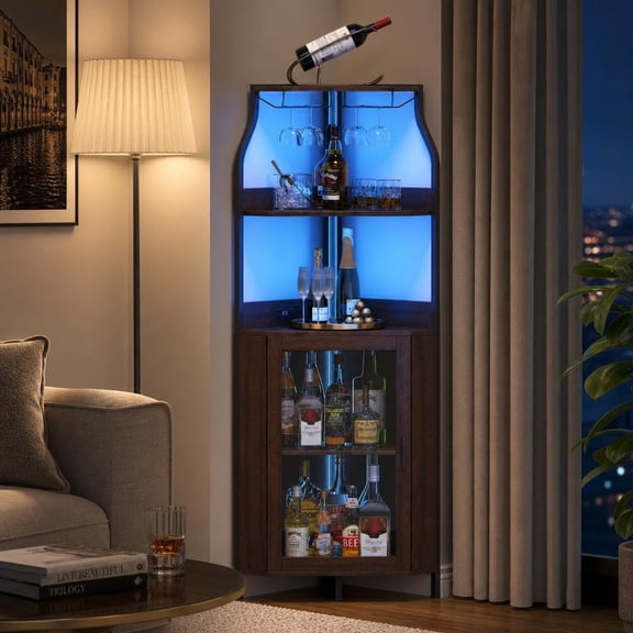 Corner Bar Cabinet with LED Lights Wine Rack Glass Holder and Adjustable Shelves Brown