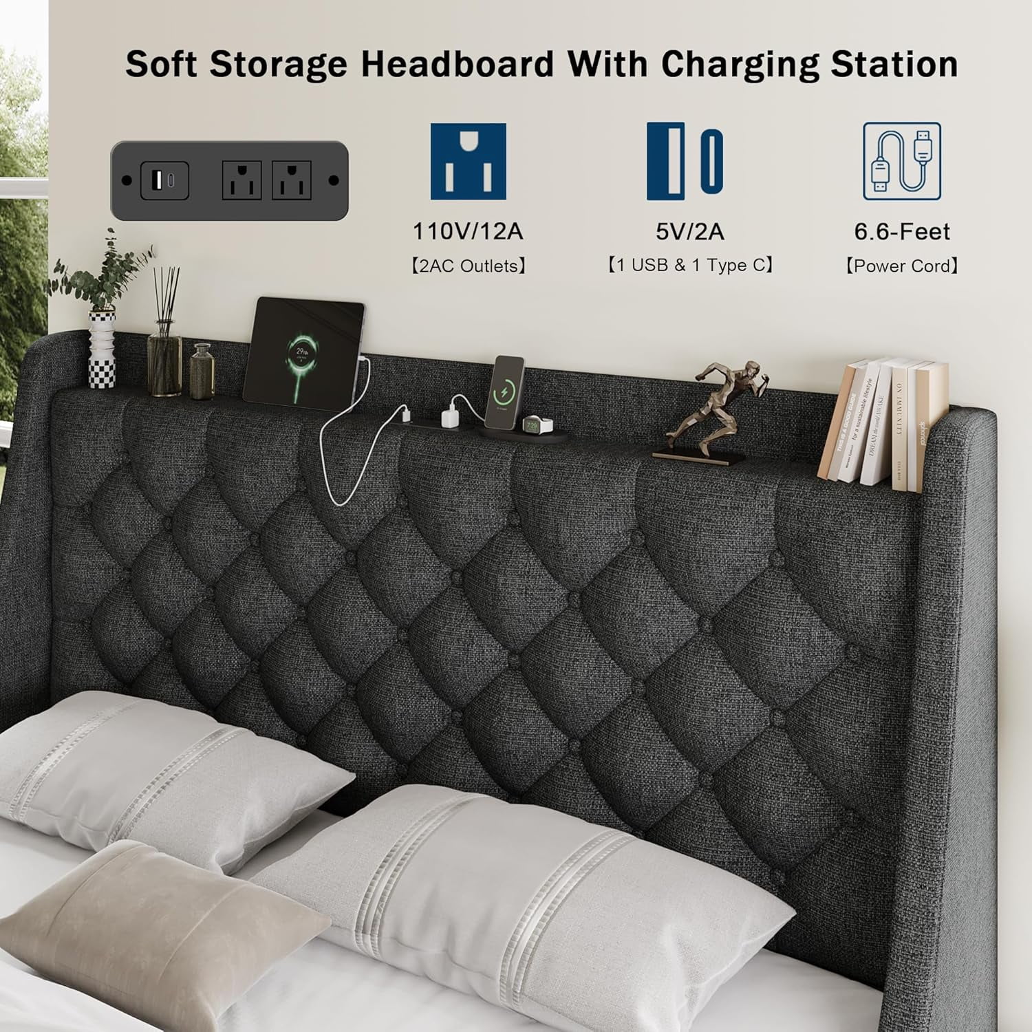Galnfu Queen Bed Frame with 4 Storage Drawers, Giant Upholstered Wingback Headboard, Fast Charging Station, No Box Spring Needed, Noise-Free,Dark Gray