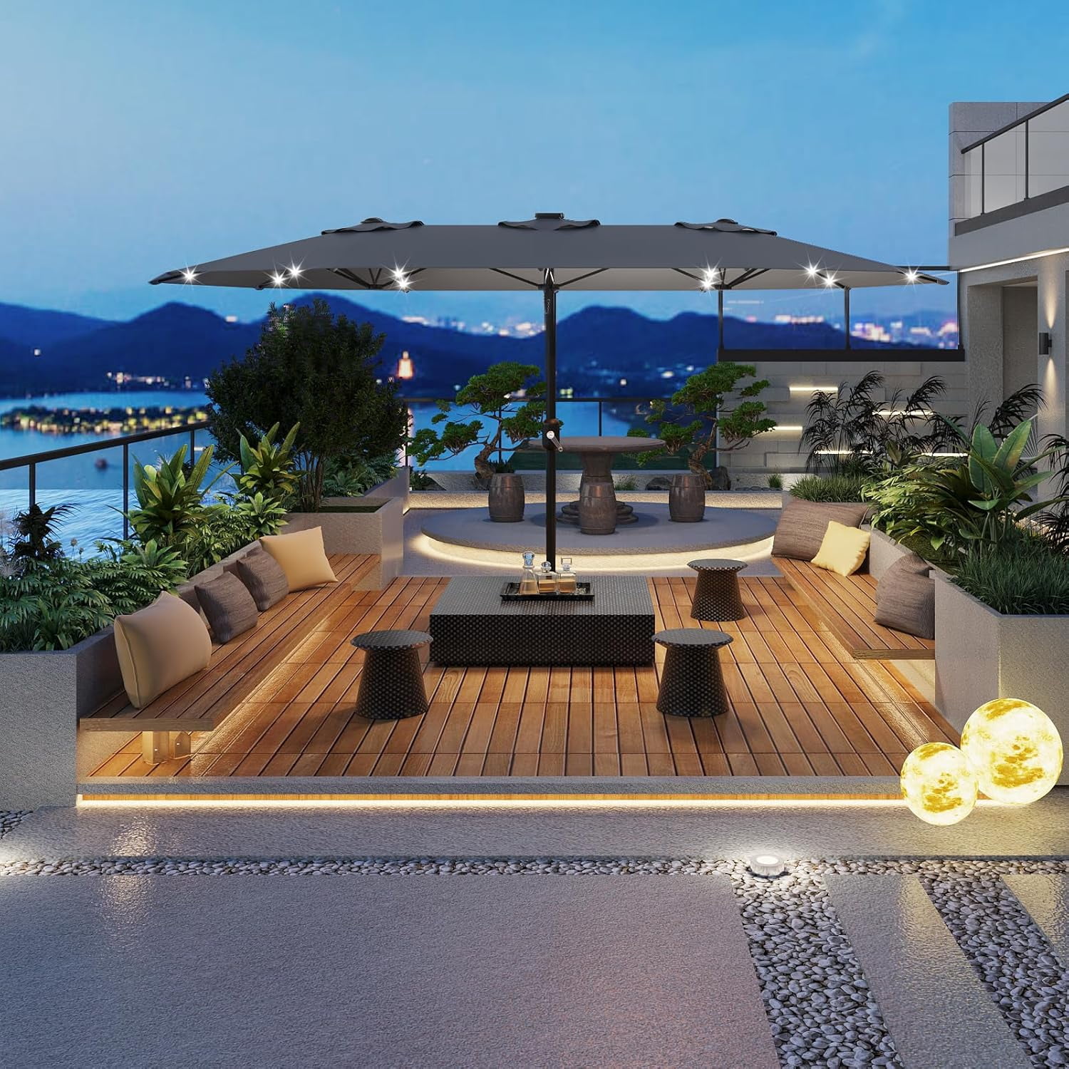 15 Ft Rectangular Patio Umbrella with Solar Lights & Base Included - Large Patio Umbrella with Crank Handle 36 LED Lights, UV Protection for Outdoor Market, Backyard, Deck, Pool, Grey