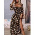 thumbnail image 5 of Womens Casual Square Neck Long Sleeve Boho Floral Midi Dress Print Side Split Dresses Gold L, 5 of 7