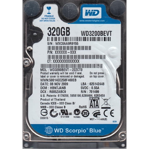 WD3200BEVT-22ZCT0, DCM HBNTJANB, Western Digital 320GB SATA 2.5 Hard Drive