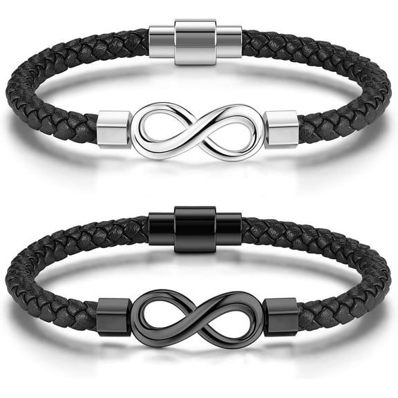2pcs Set Men's Infinity Leather Bracelet with Stainless Steel Clasp Infinity Love Symbol Wristband Cuff Bangle Personality Bracelets Anniversary Birthday Christmas