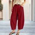 thumbnail image 2 of Tqcoqu Women's Cotton Linen Pleated Pants,Button High Waist Loose Cropped Balloon Casual Trousers With Pockets For Spring Summer,Red Women's S-XXL, 2 of 7