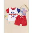thumbnail image 4 of vera natura Toddler Boys 4th of July Shorts Sets Short Sleeve Letter Embroidery Tops Red Drawstring Shorts Sets, 4 of 9