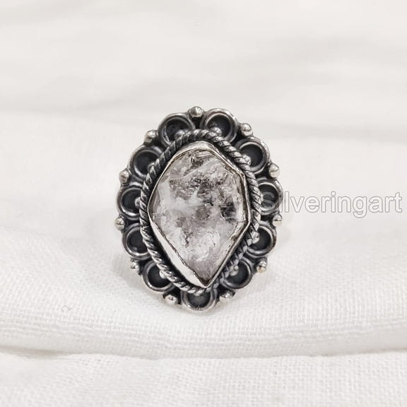 Natural Herkimer Diamond Ring, Rough Herkimer Diamond Ring, Birthstone, Bohemian Ring, 925 Sterling Silver, Womens Ring, Christmas, Thanksgiving, Handmade, Statement Jewelry, Rough Gemstone Jewelry