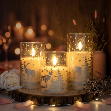 Goyuon Flameless Candles with Reindeer Snowflake Design, Battery Operated LED Flickering Candles with Remote and Timer, Christmas Mantel Home Party Holiday Thanksgiving Decor, 3 Pack D3” x H4” 5” 6”