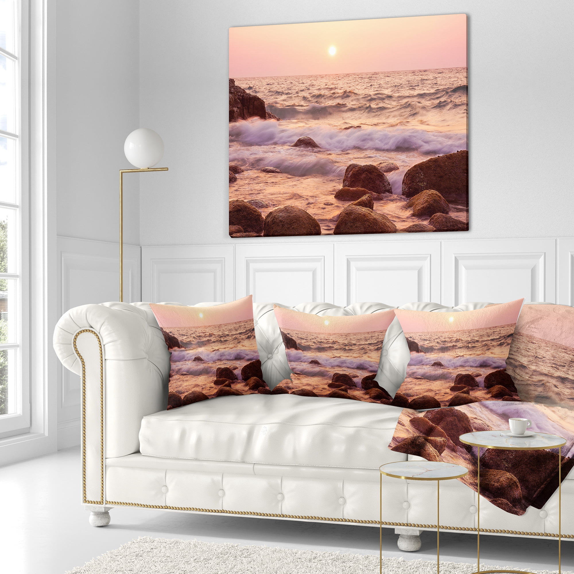 Designart Foam Waves Hitting Rocky Coast - Seashore Throw Pillow - 18x18