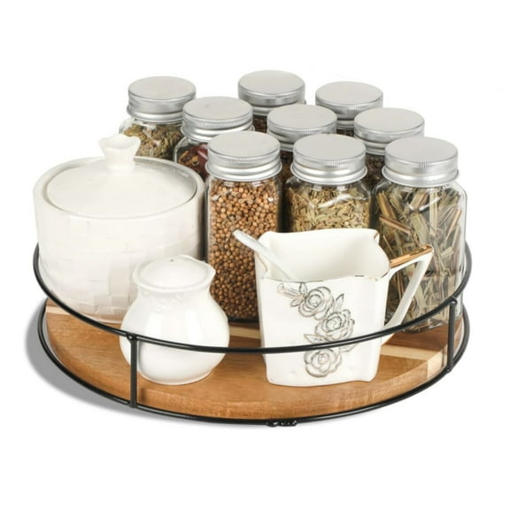 LQQBOX 12" Wood Lazy Susan Turntable with Metal Frame - Brown Lazy Susans Organizer Countertop Storage - Wooden Serving Tray for Charcuterie Cheese Board - Kitchen Counter Rotating