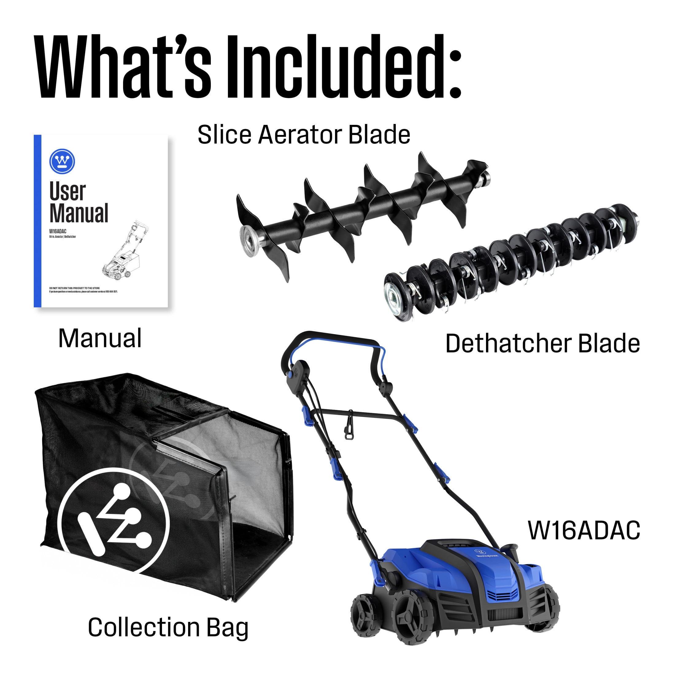 Westinghouse W16ADAC 16-Inch 15 Amp 2-in-1 Corded Electric Dethatcher and Aerator with 14.5 Gallon Thatch Collection Bag, 5-Position Depth Adjustment and 3-Position Angle Settings