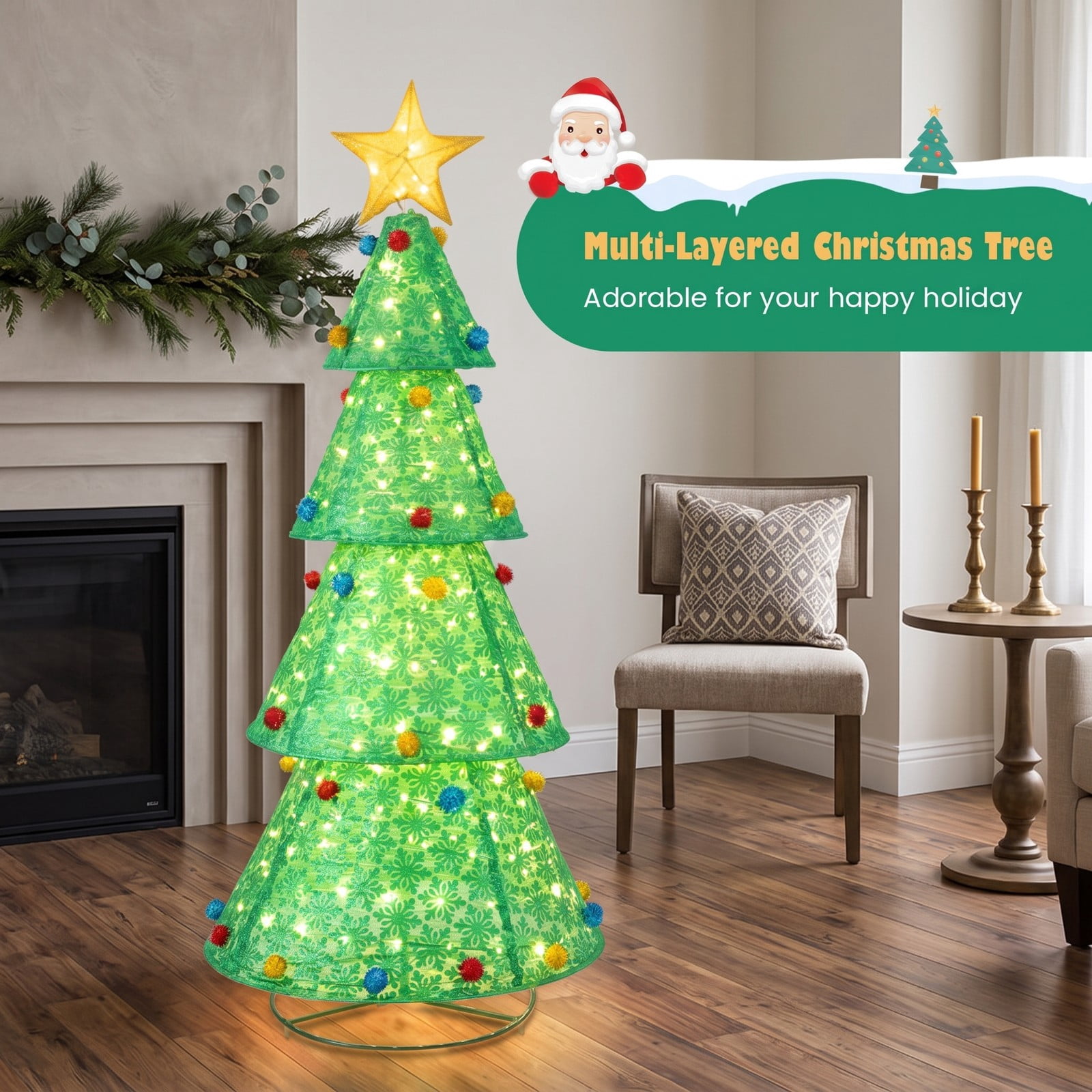 RUIE Pop-Up Christmas Tree 6.5 ft with 200 Warm White LED Lights, Collapsible Pre-Lit Artificial Xmas Tree for Indoor Outdoor Holiday Decoration, White
