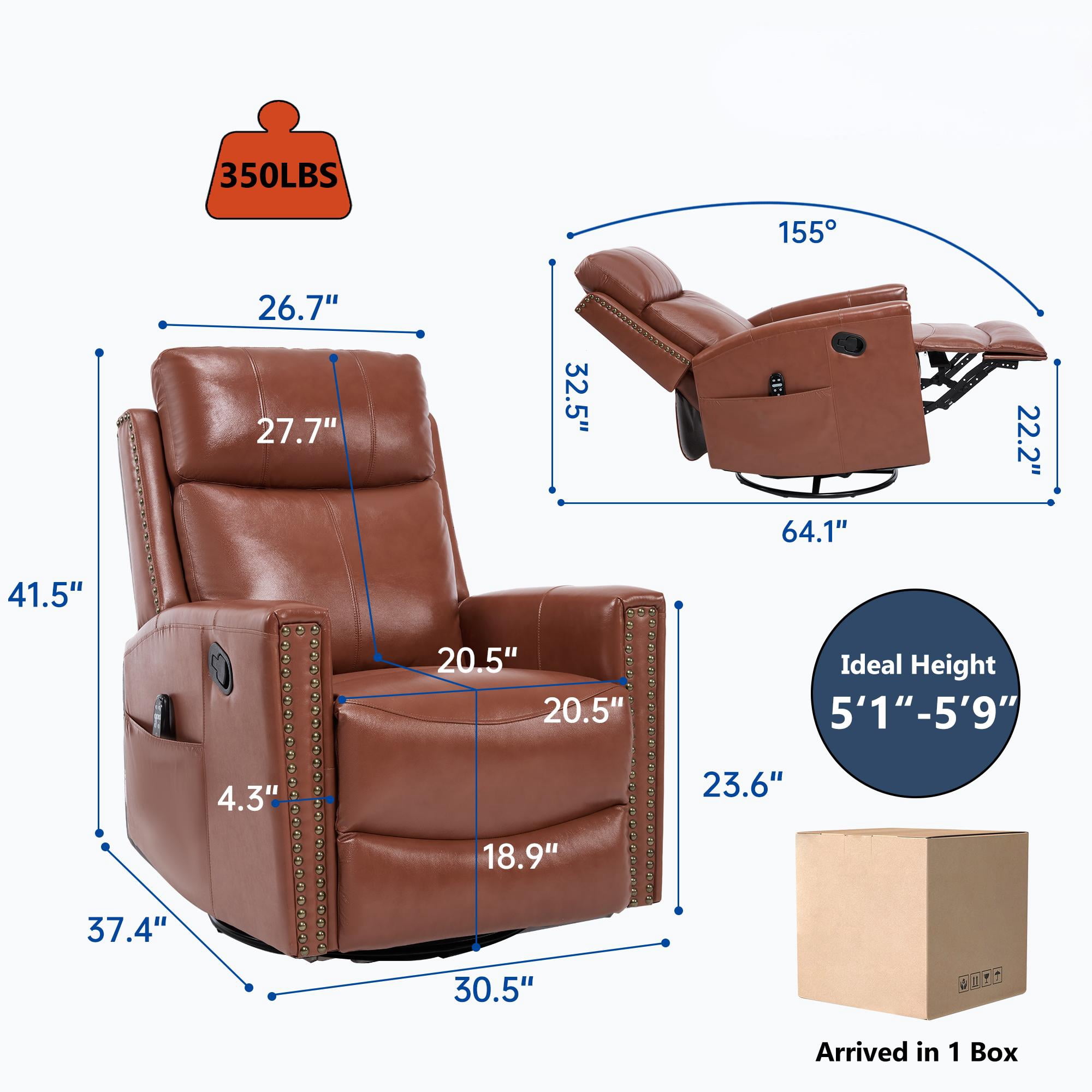 Gewnee Manual Recliner Chair,360°Swivel Massage Recliner Chair with Heat,Rocker Recliner Chair for Living Room,Bedroom.Red Genuine Leather
