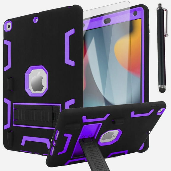 For iPad 9th Generation 10.2" Case Heavy Duty Shockproof Cover Screen Protector(Black/Purple)