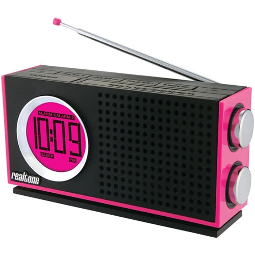 Realtone RT212P AM/FM Portable Dual Alarm Clock Radio (Pink) Walmart