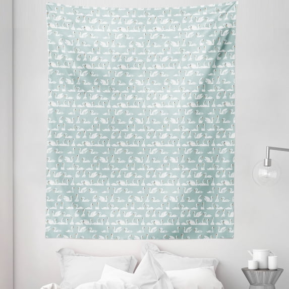 Swans Tapestry, Grunge Style Asymmetric Design Flock of Swimming Birds Pastel Pattern, Fabric Wall Hanging Decor for Bedroom Living Room Dorm, 5 Sizes, Pale Seafoam and White, by Ambesonne