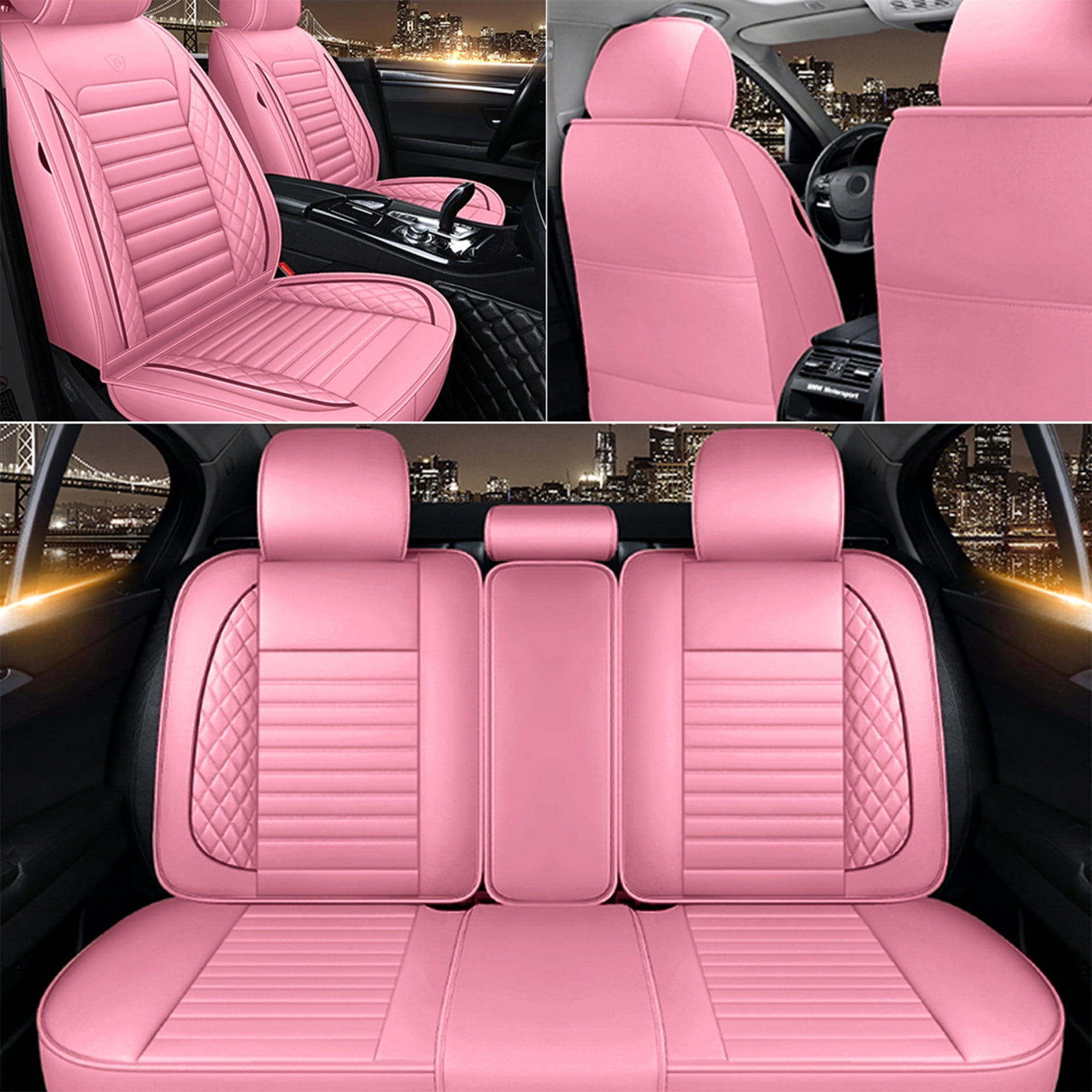OTOEZ Universal Car Seat Cover Pink PU Leather 5 Seats, Front Rear Seat Protector Full Set, Waterproof Cushion Fit Most Honda Toyota Chevy Ford Nissan Vehicle Truck SUV