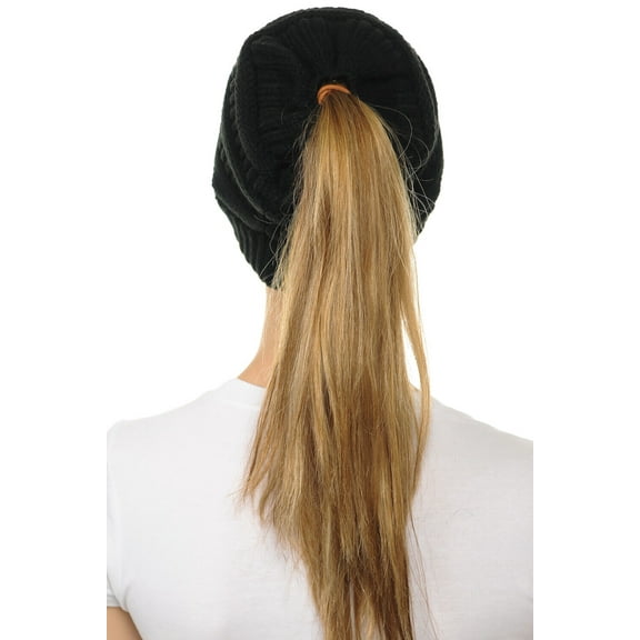 C.C Women's Thick Soft Knit Beanie Cap Hat High Bun Beanietail Ponytail Beanie Warm Chunky Soft Stretch Cable Knit Beanie Skully Charcoal