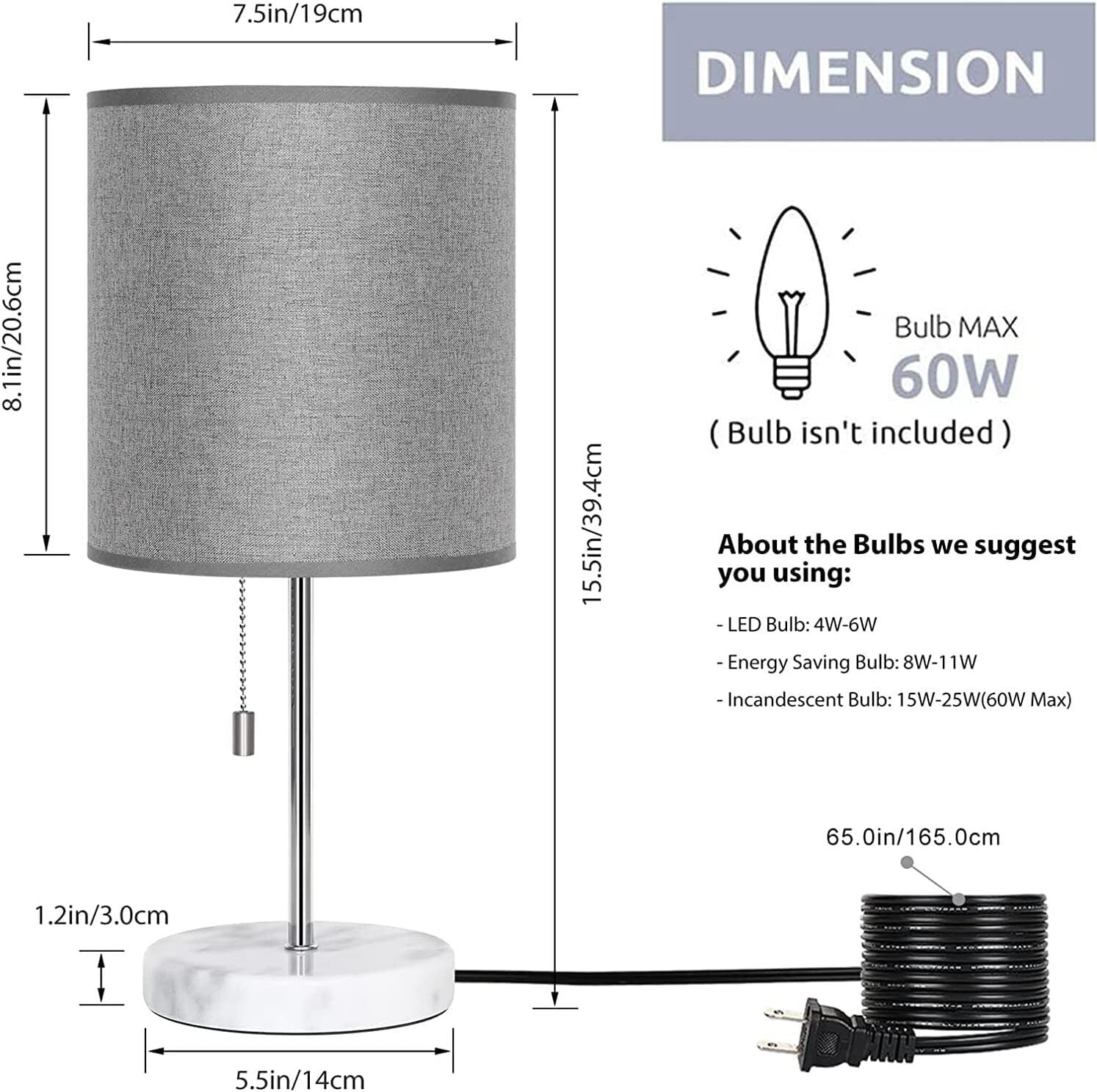 Small Bedside Lamp Table Desk Lamp Beside Nightstand Reading Light Marble Base