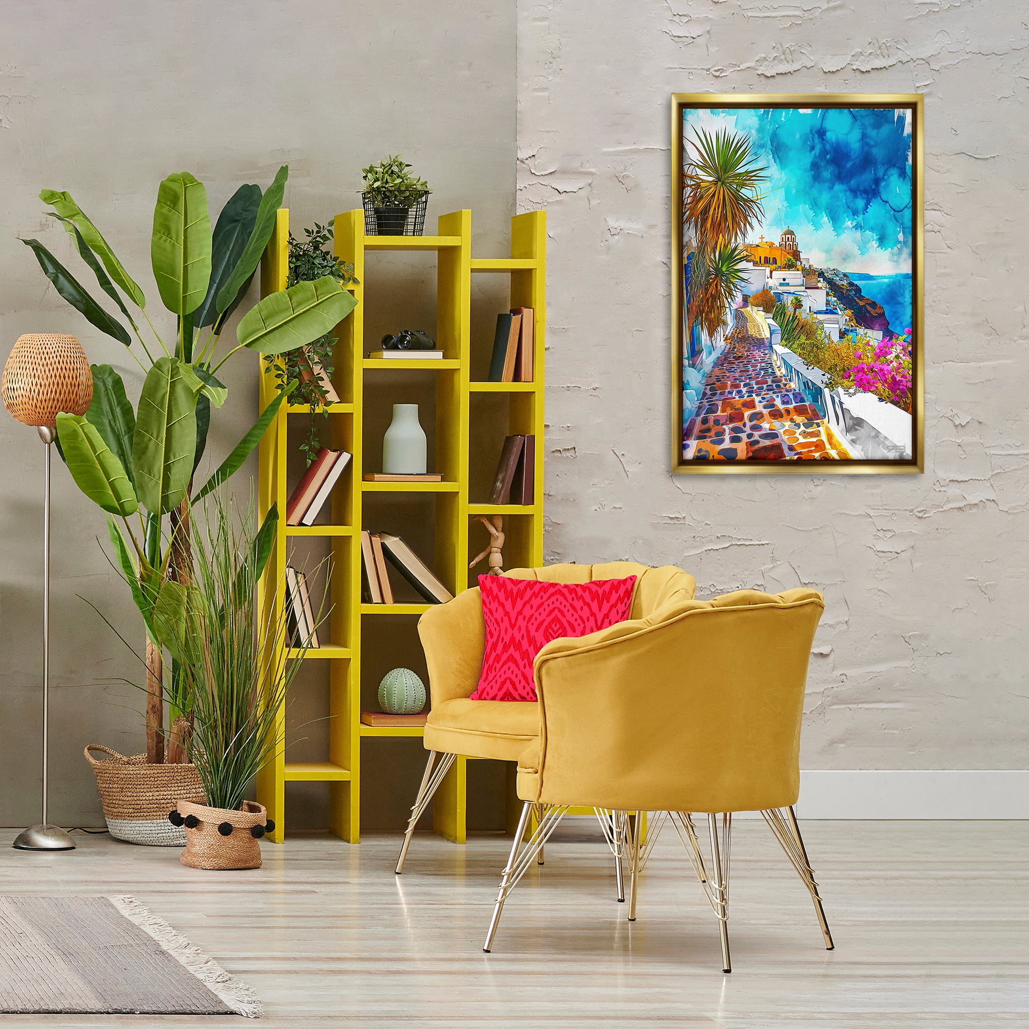 Stupell Industries Tropical Coastal Town Cities & Countries Painting Gold Floater Framed Canvas Art Print Wall Art, 21 x 31