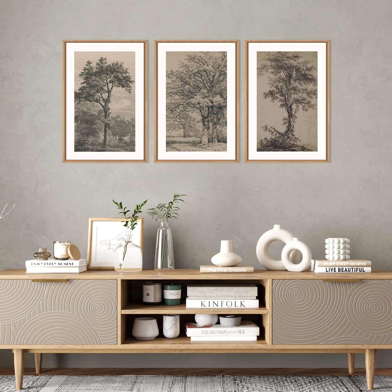 Vintage Tree Sketch Wall Art Set, Antique Tree Drawings Wall Decor, Nature Sketch Wall Painting, Framed Botanical Canvas Art Prints for Living Room, Bedroom, Dinning Room, Farmhouse - 16"x24"x3