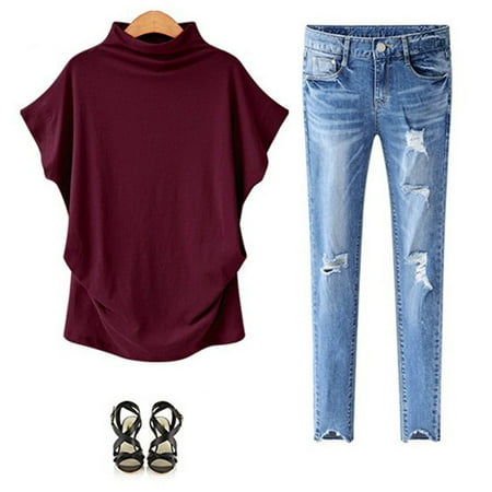OkrayDirect Women Turtleneck Short Sleeve Cotton Solid Casual Blouse Top T Shirt Plus RD/3XL